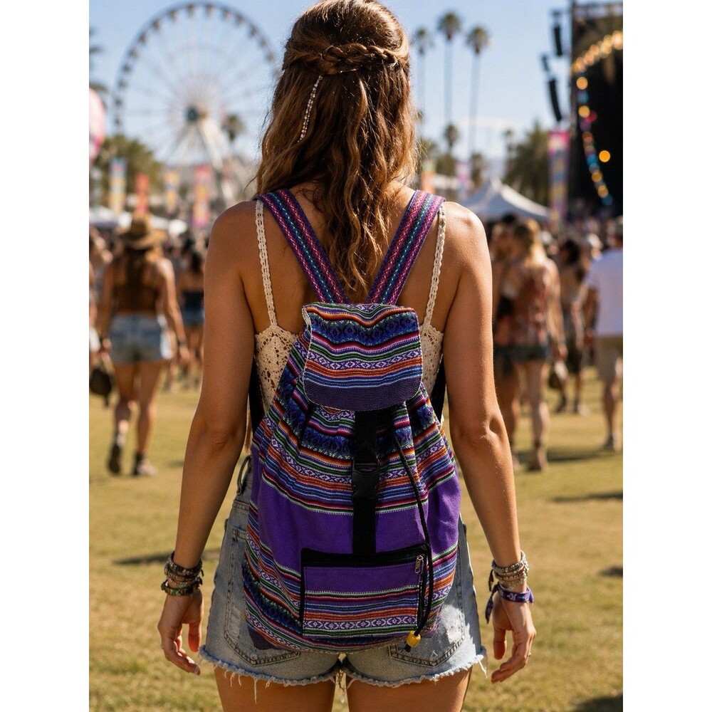 Boho Woven Purple Tribal Backpack Ethnic Drawstring Daypack NWOT Cotton Bag